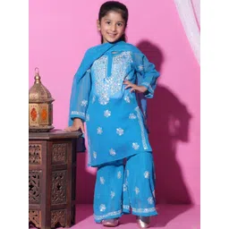 KHAKA Girls Ethnic Motifs Embroidered Kurta with Sharara & Dupatta-picture-20