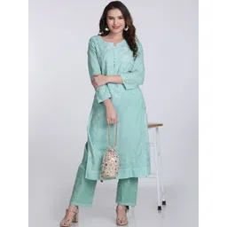 KHAKA Women Ethnic Motifs Embroidered Cotton Kurta with Trousers-picture-37