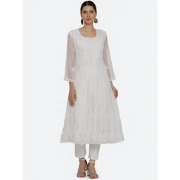 KHAKA Women Ethnic Motifs Embroidered Panelled Chikankari Anarkali Kurta With Trouser image 1