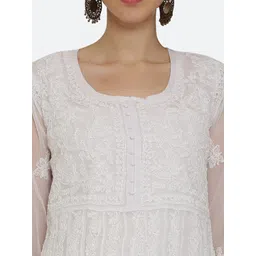 KHAKA Women Ethnic Motifs Embroidered Panelled Chikankari Anarkali Kurta With Trouser image 3