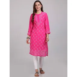 KHAKA Women Ethnic Motifs Embroidered Regular Chikankari Kurta with Trousers-picture-29