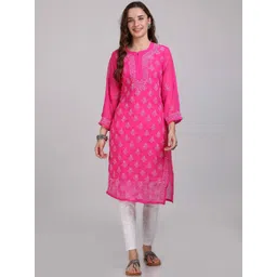 KHAKA Women Ethnic Motifs Embroidered Regular Chikankari Kurta with Trousers-picture-17