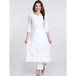 KHAKA Women Ethnic Motifs Embroidered Regular Chikankari Pure Cotton Kurta with Trousers-picture-30