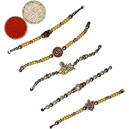 Set of 5 Traditional Rakhi for Brother with Roli Chawal | Om, Ganesha, Rudraksha & Pearl Beads Rakhi Combo | Raksha Bandhan Gift Pack for Bhaiya | Indian Festival Rakhi Set-image-12