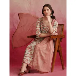 Khushal K Floral Printed V-Neck Three-Quarter Sleeves Kurta with Trousers & With Dupatta-picture-11