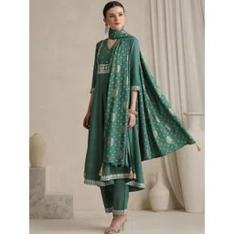 Khushal K Floral Yoke Design V-Neck Thread Work A-Line Kurta With Trousers And Dupatta-picture-17