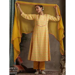 Khushal K Women Geometric Printed Cotton A-Line Kurta with Trousers & Dupatta-picture-42