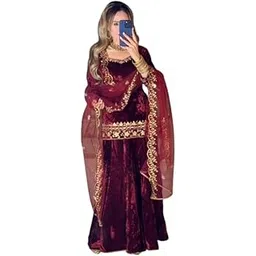 KHWAHISH FASHION Elegant Maroon Velvet Trendy Wear Look Top, Sharara Plazzo And Duppata // Festival Wear Look Sharara Set For Women.-picture-37