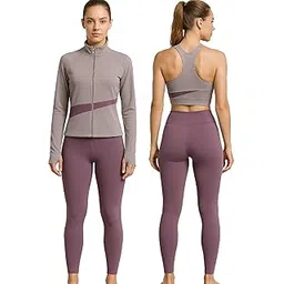 khwaish store Women's 3 Piece Gymwear Workout Set, Sports Bra & High Waist Stretchable Tight Legging With Sports Yoga Full Sleeve UV Protection Top Jacket, Workout, Running & Activewear Set-picture-36