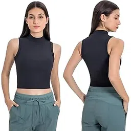 khwaish store Women’s High Neck Ribbed Thermal Inner Fleece Sleeveless Crop Tops Padded Sports Bras Yoga Workout Slim Shockproof Fitness Vest. Pack of 1-picture-34