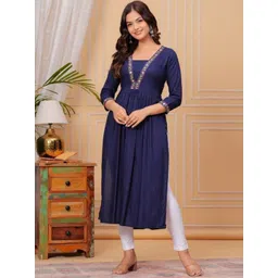 KIAARON Floral Embroidered V-Neck Three-Quarter Sleeves Regular A-line Kurta-picture-23