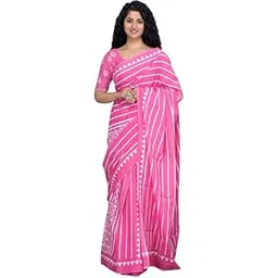 kiaaron Women's Ikat Hand Block Print Jaipuri Cotton Mulmul Saree with Blouse Piece-picture-52