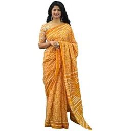kiaaron Women's Ikat Hand Block Print Jaipuri Cotton Mulmul Saree with Blouse Piece-picture-17
