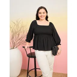 KIBO CURVE Plus Size Puff Sleeves Smocked Crepe Peplum Top-picture-30