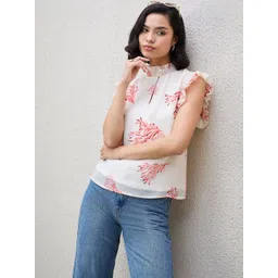 Kibo Floral Print Flutter Sleeve Ruffles Tropical Georgette Top-picture-33