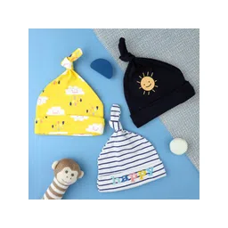KICKS & CRAWL Kids Pack of 3 Navy Blue & Yellow Printed Cotton Beanie-picture-37