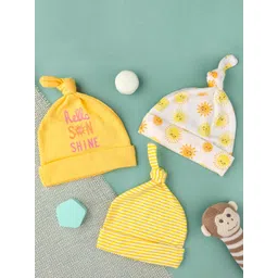 KICKS & CRAWL Kids Pack of 3 Yellow & White Printed Cotton Beanie-picture-35