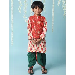 KID1 Boys Ethnic Motifs Printed Pure Cotton Kurta With Dhoti Pants &  Jacket-picture-22