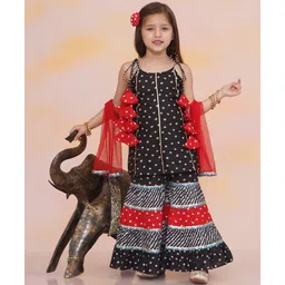 KID1 Cotton Sleeveless Bandhani Designed & Gota Lace Embellished Top & Sharara With Dupatta Set - Black & Red-picture-21
