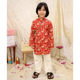 KID1 Cotton Woven Full Sleeves Baby Animals Printed Kurta Pyjama - Maroon-picture-25