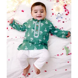 KID1 Cotton Woven Full Sleeves Floral Printed Lace Detailed Kurta Pyjama Set - Green-picture-23