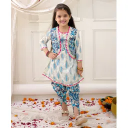 KID1 Cotton Woven Full Sleeves Madhubani Art Printed & Gota Lace Embellished Kurti Dhoti With Jacket Set - Blue-picture-13