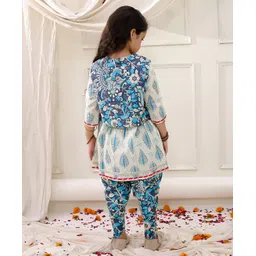 KID1 Cotton Woven Full Sleeves Madhubani Art Printed & Gota Lace Embellished Kurti Dhoti With Jacket Set - Blue image 3