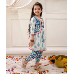 KID1 Cotton Woven Full Sleeves Madhubani Art Printed & Gota Lace Embellished Kurti Dhoti With Jacket Set - Blue image 4