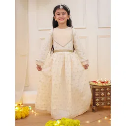 KID1 Cotton Woven Full Sleeves Polka Dots Foil Printed & Gota Lace Embellished Gown - Off White-picture-19