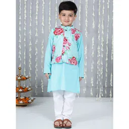 KID1 Cotton Woven Full Sleeves Solid Kurta Pyjama With Striped & Rose Printed Jacket Set - Turquoise-picture-18