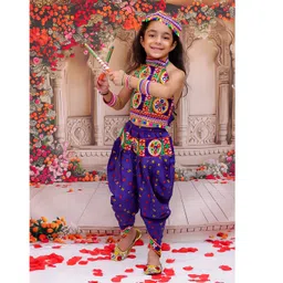 KID1 Cotton Woven Navratri Theme Sleeveless Ethnic Embroidered Mirror Work Embellished Crop Top & Bandhani Designed Dhoti With Cap Set - Blue-picture-26