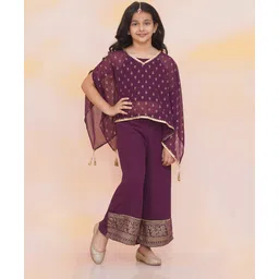 KID1 Georgette Half Batwing Sleeves Foil Leaves Printed Kaftan Top & Palazzo With Inner Tee Set - Wine-picture-11