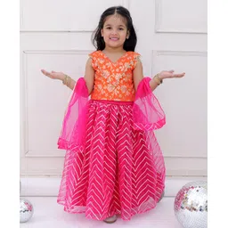 KID1 Jacquard Sleeveless Floral Printed Samosa Lace Choli With Net Lehenga And Dupatta - Orange & Pink-picture-37
