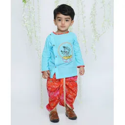 KID1 Janmastami Theme Cotton Full Sleeves Krishna Embroidered Kurta With Bandhani Printed & Lace Detailed Dhoti Set - Skyblue-picture-25