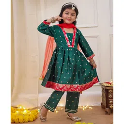 KID1 Tafeta Woven Full Sleeves Samosa Lace Embellished & Floral Foil Printed Anarkali Kurti Pant With Dupatta Set - Green-picture-21