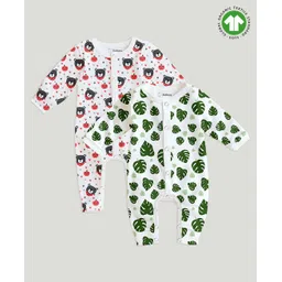Kidbea 100% Organic Cotton Pack Of 2 Full Sleeves Teddy Bear & Leaves Printed Rompers - Pink & Green-picture-27