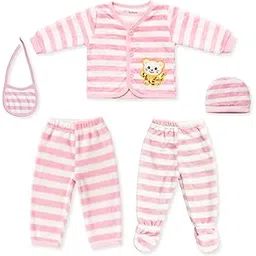 Kidbea Unisex Baby Winter Wear 5 Piece Set | Soft Fleece Striped Sweatshirt & Pant with Cap & Bib | Ultra Comfort & Warm Newborn Clothes (Pink, 0-3 Months)-picture-23