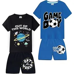 kiddify Pack Of 2 Multicolor Boys Regular Fit 100% Cotton T-Shirts and Shorts Set (1-2 Years)-picture-45