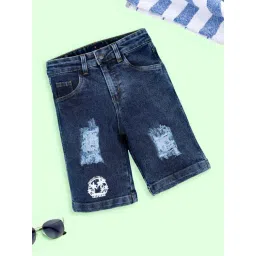 Kiddopanti Boys Blue Denim Tropical Paradise Printed Distress Shorts-picture-28