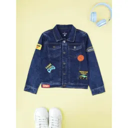 Kiddopanti Boys Dark Rag Blue Denim Applique Regular Fit Denim Jacket-picture-40