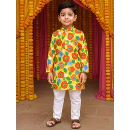 KiddoPanti Boys Floral Printed Regular Pure Cotton Kurta Set-picture-32