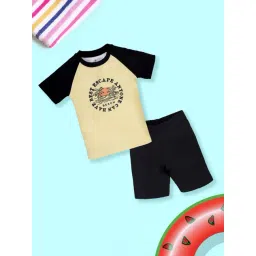 Kiddopanti Boys Light Yellow and Black Printed Regular Fit Swimming Set-picture-35