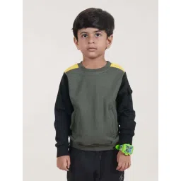 Kiddopanti Boys Military Green & Black Color Block Full Sleeves Sweatshirts Hoodies-picture-36