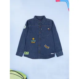 KiddoPanti Boys Solid Pure Cotton Casual Denim Shirt With Pocket and Multi Badge-picture-39