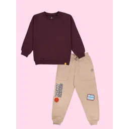 Kiddopanti Boys Wine and Beige Printed Sweatshirt with Trackpants-picture-32
