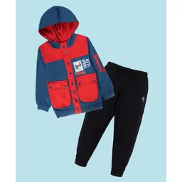 Kiddopanti Cotton Fleece Knit Full Sleeves Colour Blocked Traveller Text Printed Light Winter Hooded Sweatjacket & Joggers Set - Teal Blue Red & Black-picture-14