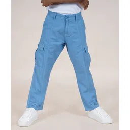 Kiddopanti Cotton Full Length Front Cut & Sew Cargo Pant With Bottom Tab - Light Blue-picture-27