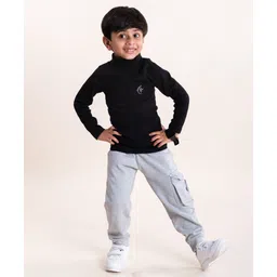 Kiddopanti Cotton Full Sleeves Turtle Neck Brand Logo Printed Tee With Fleece Pocket Detailed Solid Cargo Track Pant Set - Black & Grey Melange-picture-27