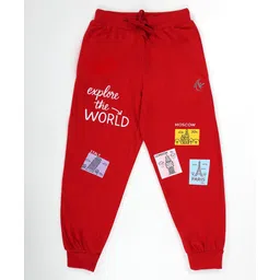 Kiddopanti Cotton Knit Explore The World Text Printed Track Pants - Red-picture-17