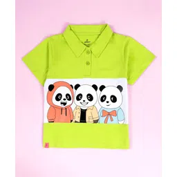 Kiddopanti Cotton Knit Half Sleeves Pandas Printed Polo Tee - Neon Green-picture-37